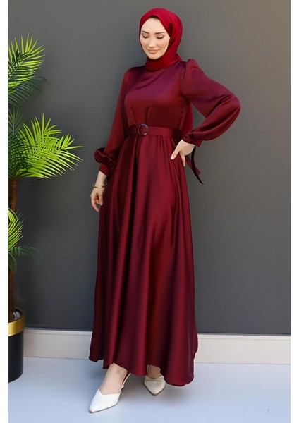 Saten Kemerli Elbise Koyu Bordo fiyatları