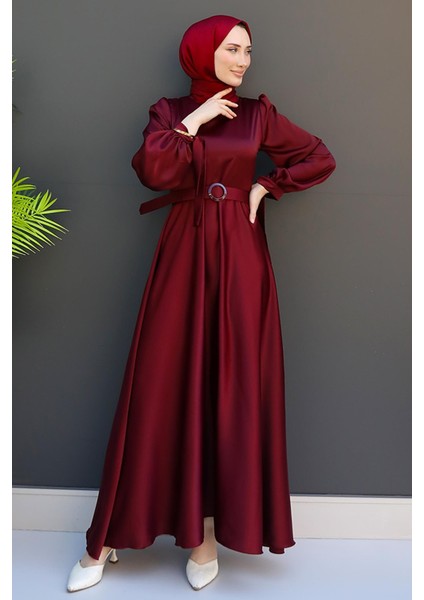 Saten Kemerli Elbise Koyu Bordo modelleri