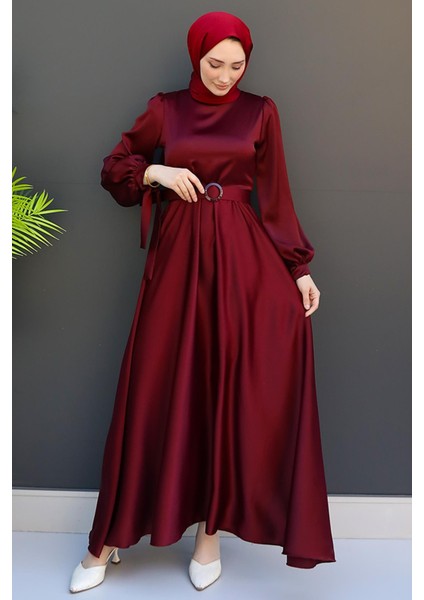 Saten Kemerli Elbise Koyu Bordo fırsatları