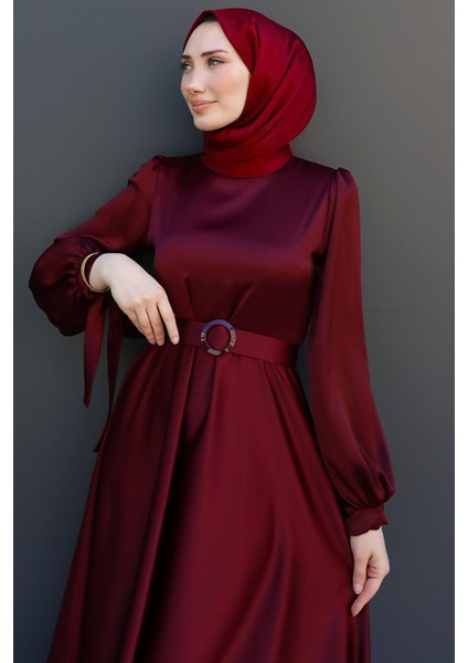 Saten Kemerli Elbise Koyu Bordo indirimleri