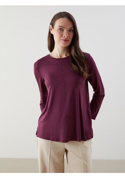 Yeni Sezon Bisiklet Yaka Taşlı Kadın Bluz