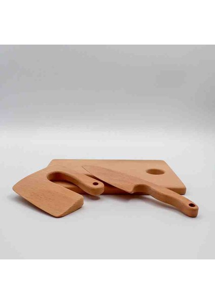 Ahşap Güvenli Çocuk Kesme Tahtası ve 2 Şef Bıçak modelleri