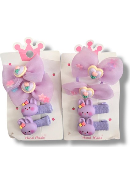 Tüllü Fiyonk ve Mini Tavsan Model Karışık Renk Kız Çocuk Set Toka 4lü