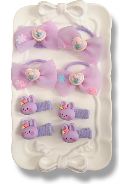 Tüllü Fiyonk ve Mini Tavsan Model Karışık Renk Kız Çocuk Set Toka 4lü modelleri