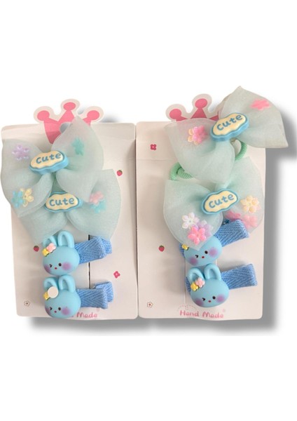 Tüllü Fiyonk ve Mini Tavsan Model Karışık Renk Kız Çocuk Set Toka 4lü