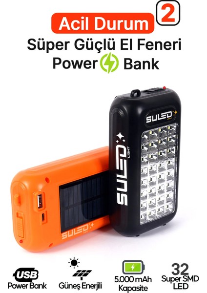 Güneş Panelli Handy Power Bank Fener Işıldak 32 Süper Smd Ledli El Feneri Ev Kamp Outdoor Aydınlatma