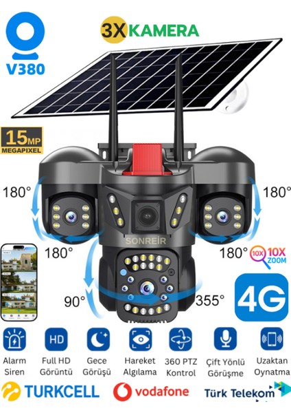 SNR-1 3 Lens Solar Güvenlik Kamerası 4G Sim Kartlı PTZ Hareketli Gece Görüşlü Güneş Panelli Kamera