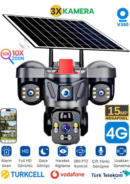 SNR-01 3 Lens Solar Güvenlik Kamerası 4G Sim Kartlı PTZ Hareketli Gece Görüşlü Güneş Panelli Kamera