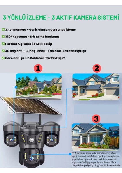 SNR-01 3 Lens Solar Güvenlik Kamerası 4G Sim Kartlı PTZ Hareketli Gece Görüşlü Güneş Panelli Kamera modelleri