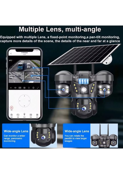 SNR-01 3 Lens Solar Güvenlik Kamerası 4G Sim Kartlı PTZ Hareketli Gece Görüşlü Güneş Panelli Kamera fırsatları