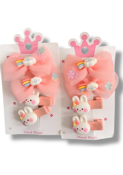 Tüllü Fiyonk ve Mini Tavsan Model Karışık Renk Kız Çocuk Set Toka 4lü