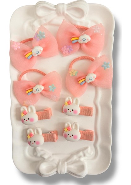 Tüllü Fiyonk ve Mini Tavsan Model Karışık Renk Kız Çocuk Set Toka 4lü modelleri