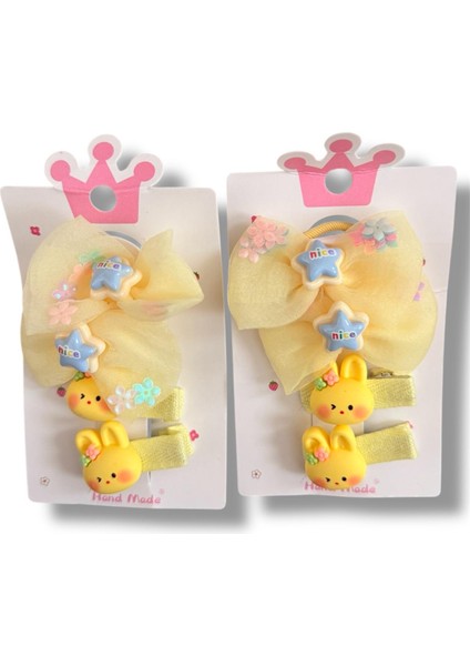 Tüllü Fiyonk ve Mini Tavsan Model Karışık Renk Kız Çocuk Set Toka 4lü