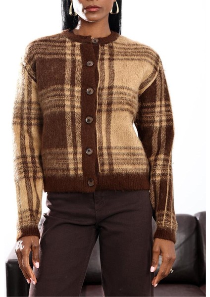 Kadın Bisiklet Yaka Düğmeli Şardonlu Kareli Desenli Yünlü Hırka