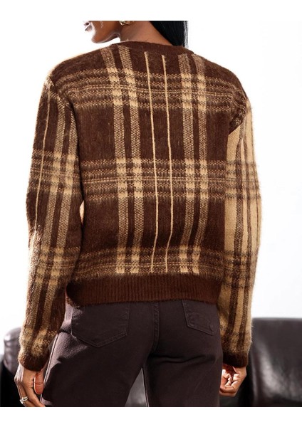 Kadın Bisiklet Yaka Düğmeli Şardonlu Kareli Desenli Yünlü Hırka