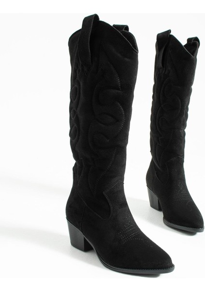 Kadın Sivri Burun Topuklu Çizme Western - Siyah