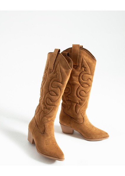 Kadın Sivri Burun Topuklu Çizme Western - Taba