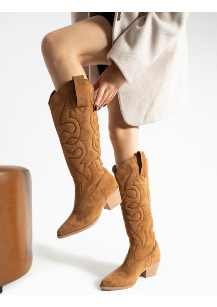 Kadın Sivri Burun Topuklu Çizme Western - Taba fiyatları