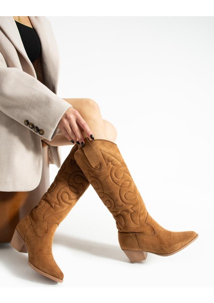 Kadın Sivri Burun Topuklu Çizme Western - Taba fırsatları