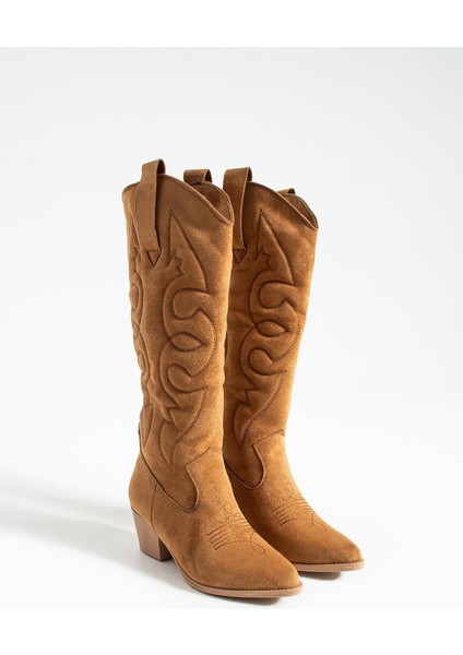 Kadın Sivri Burun Topuklu Çizme Western - Taba indirimleri