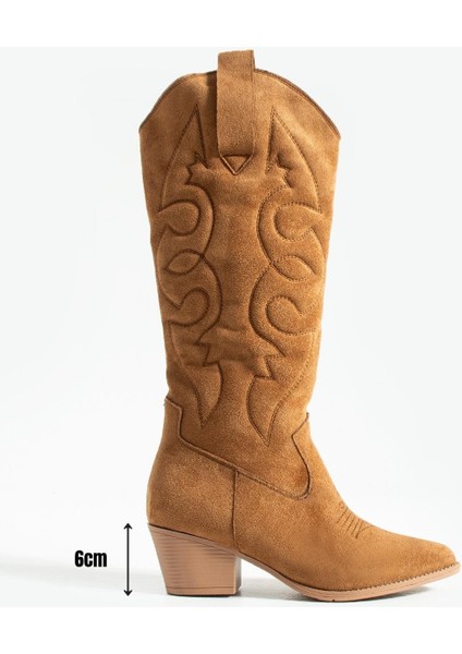 Kadın Sivri Burun Topuklu Çizme Western - Taba