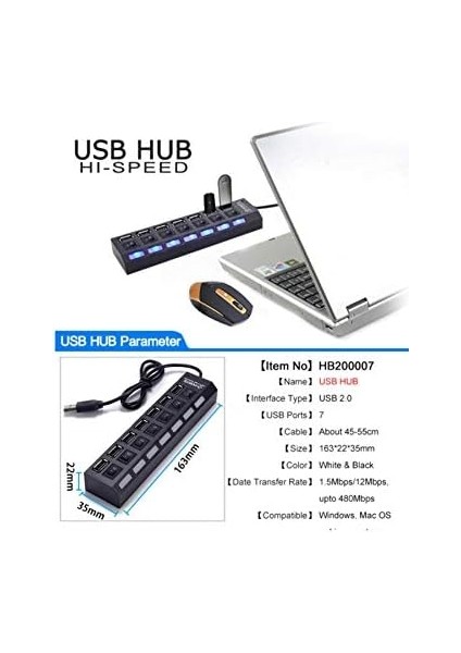7 Port USB Çoklayıcı Çoğaltıcı Işıklı Hub USB 2.0 Switch Splitter 4874 modelleri