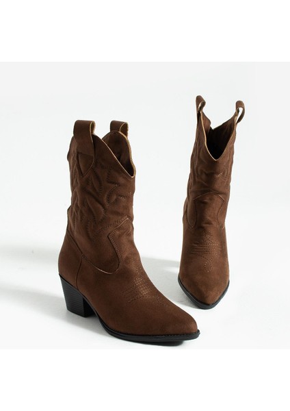 Kadın Sivri Burunlu Topuklu Bot Western - Kahverengi