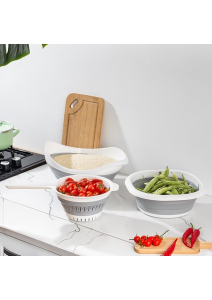 Katlanabilir 3'lü Badya - 3'lü Mutfak Meyve Sebze Yıkama Leğeni Pirinç Süzgeç Seti