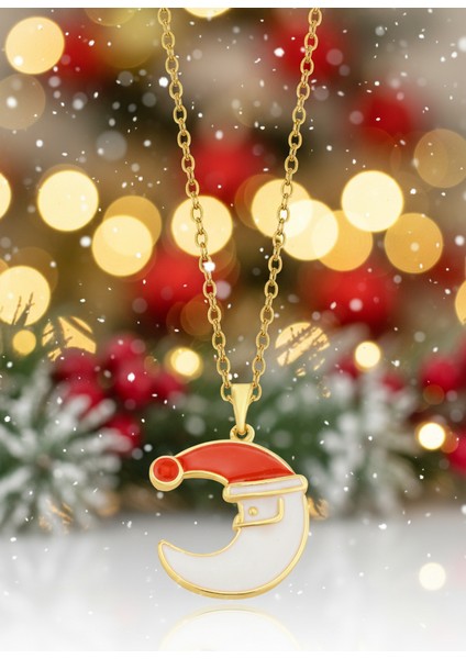 Paslanmaz Çelik Kırmızı Beyaz Mineli Noel Baba Ay Kolyesi