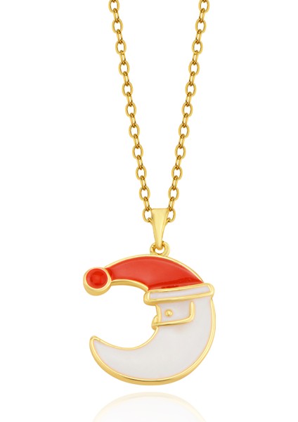 Paslanmaz Çelik Kırmızı Beyaz Mineli Noel Baba Ay Kolyesi fiyatları