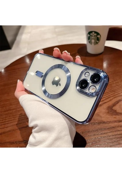 Aksesuar Iphone 14 (6.1) Inç Uyumlu Laser Silikon Arka Kısmı Şeffaf Kablosuz Şarj Destek Özellikli Kamera Korumalı Kılıf (Mavi)