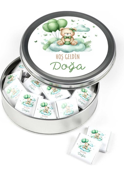 Etiket Baskılı Kız Bebek Çikolatası (Düz Metal Yuvarlak Kutu) 50 Adet Madlen