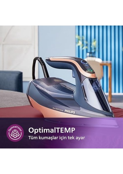 8000 Serisi Azur Buharlı Ütü, 3000W, 260G Turbo Şok Buhar, 85G/DK Sürekli Buhar, Sıfır Yanık Riski, 50ML'LIK Su Haznesi, Optimaltemp Teknolojisi, Steamglide Taban, DST8050/20 modelleri
