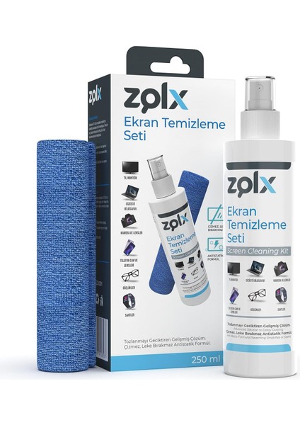 Ekran Temizleme Seti 250ML + Temizleme Bezi Lcd, Led, Ekran, Laptop, Tablet, Bilgisayar, Televizyon, Cep Telefonu, Gözlük, Kamera, Koruyucu ve Parlatıcı Doğal Temizleme