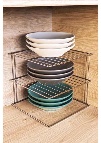 Metal Krom Tabaklık Köşe Rafı 2 Katlı Dolap Içi Tabak Mutfak ve Tezgah Düzenleyici