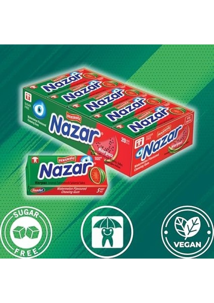 Nazar Şekersiz Sakız 5'li Kutu Karpuz 20 Paket