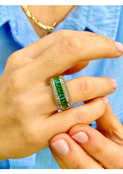 Baget Taşlı Altın Renk Zirkon Taşlı Ayarlanabilir Pırlanta Montürlü Yüzük