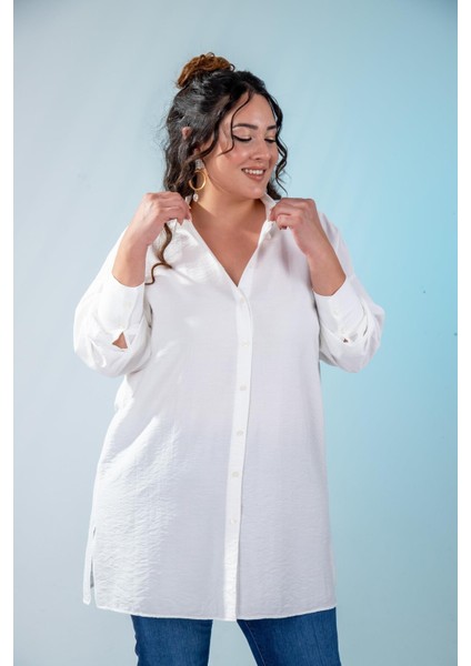 Kadın 210084 Büyük Beden Yanı Yırtmaçlı Gömlek Beyaz