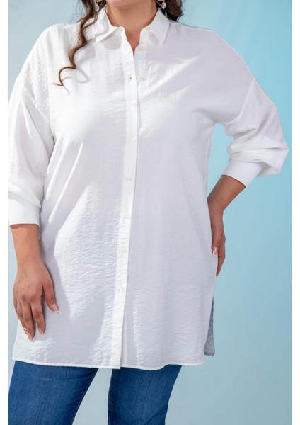 Kadın 210084 Büyük Beden Yanı Yırtmaçlı Gömlek Beyaz modelleri