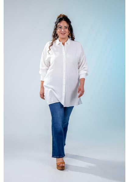 Kadın 210084 Büyük Beden Yanı Yırtmaçlı Gömlek Beyaz
