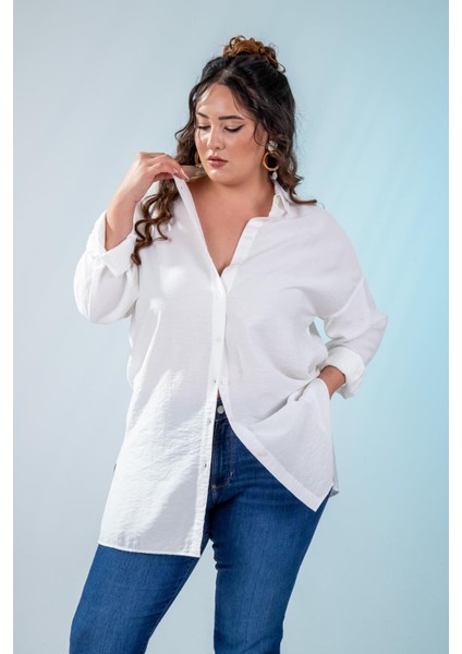 Kadın 210084 Büyük Beden Yanı Yırtmaçlı Gömlek Beyaz