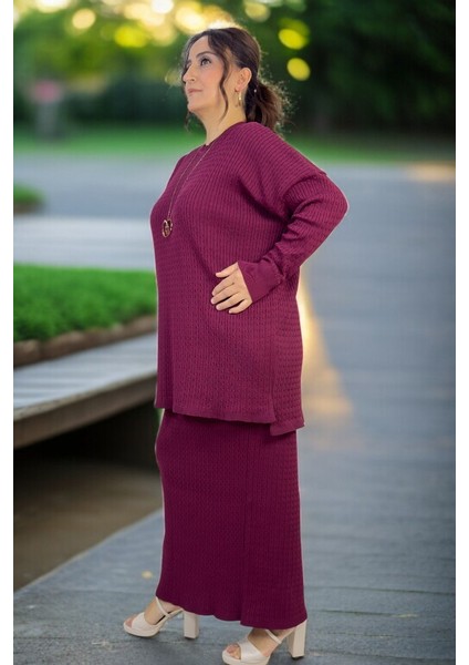 Saç Örgü Desen Bisiklet Yaka Uzun Kol Bluz Beli Lastikli Etek Büyük Beden Merserize Ikili Takım