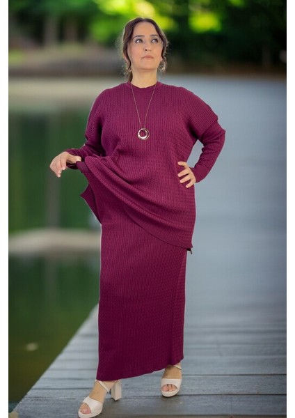 Saç Örgü Desen Bisiklet Yaka Uzun Kol Bluz Beli Lastikli Etek Büyük Beden Merserize Ikili Takım modelleri