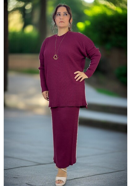 Saç Örgü Desen Bisiklet Yaka Uzun Kol Bluz Beli Lastikli Etek Büyük Beden Merserize Ikili Takım fırsatları