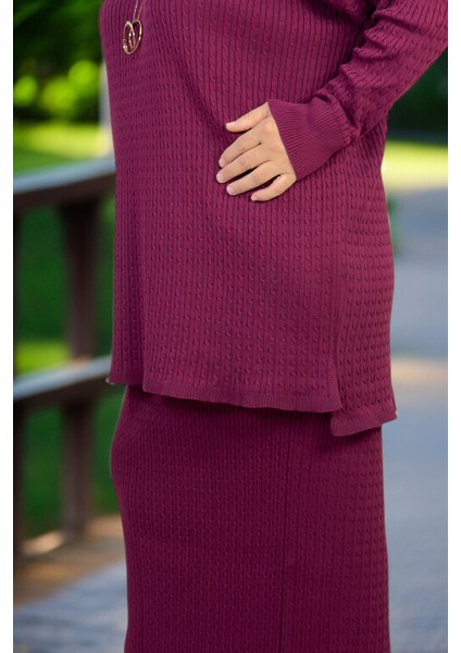 Saç Örgü Desen Bisiklet Yaka Uzun Kol Bluz Beli Lastikli Etek Büyük Beden Merserize Ikili Takım indirimleri