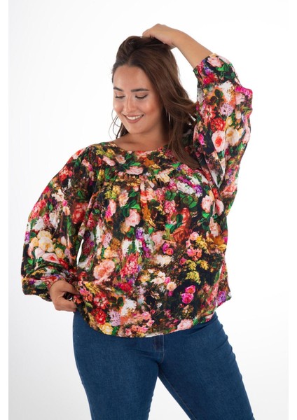 Kadın Büyük Beden Önü Drapeli Renkli Bluz Çok Renkli Renkli