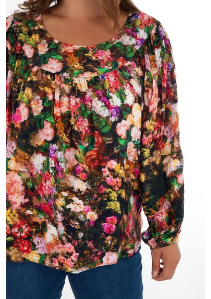 Kadın Büyük Beden Önü Drapeli Renkli Bluz Çok Renkli Renkli fırsatları