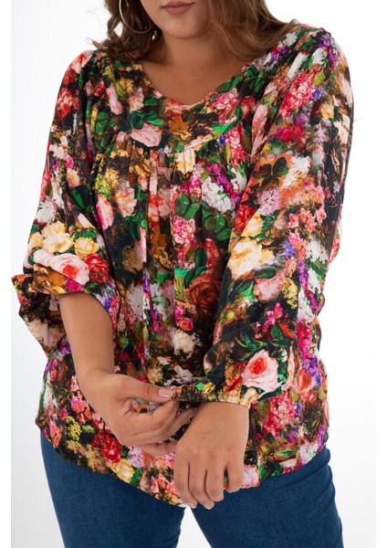 Kadın Büyük Beden Önü Drapeli Renkli Bluz Çok Renkli Renkli indirimleri