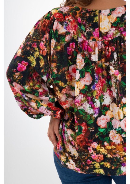 Kadın Büyük Beden Önü Drapeli Renkli Bluz Çok Renkli Renkli