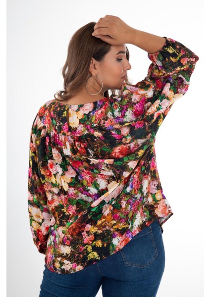 Kadın Büyük Beden Önü Drapeli Renkli Bluz Çok Renkli Renkli
